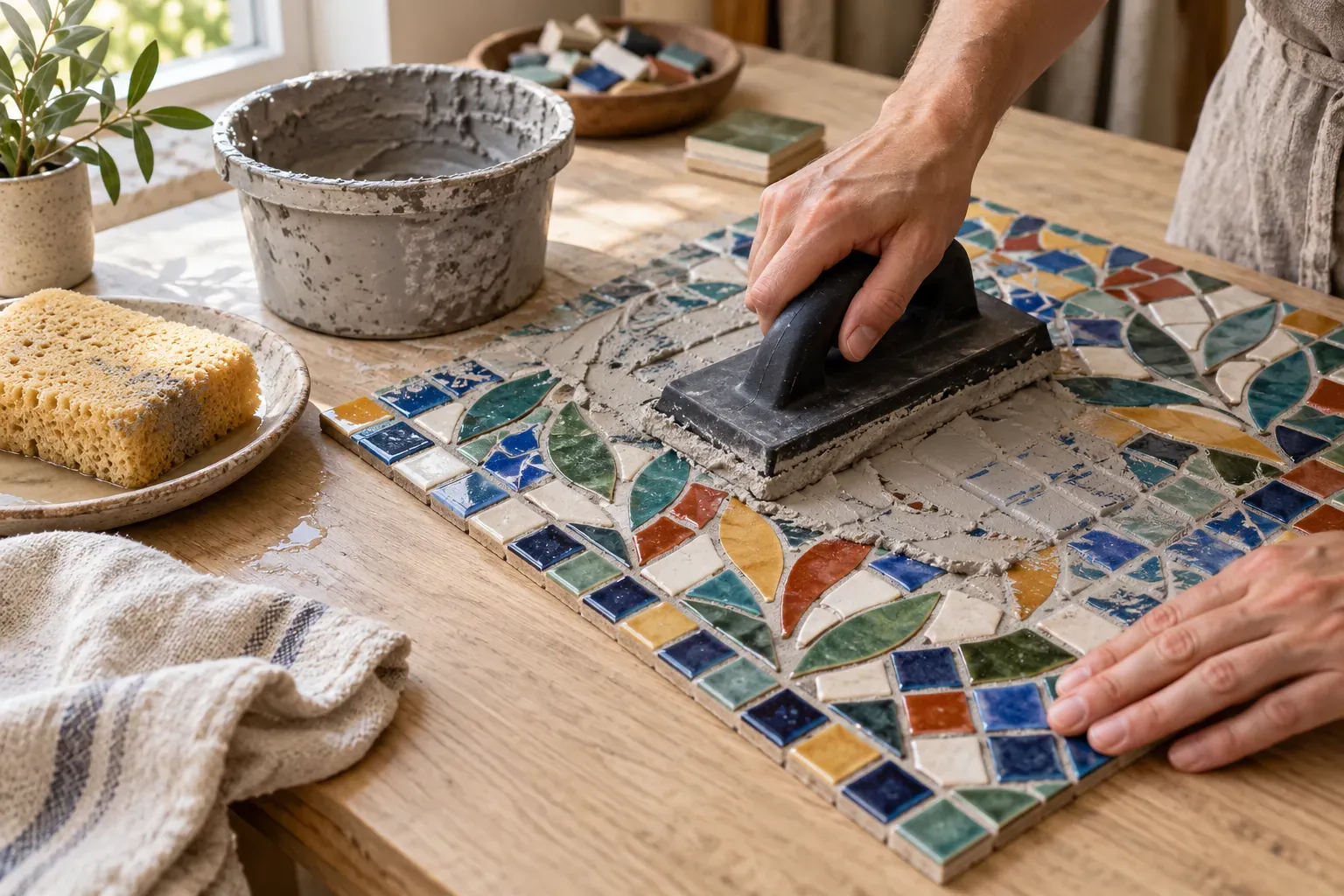 Mains étalant du joint gris à la raclette en caoutchouc sur une mosaïque d’émaux, avec éponge humide, chiffon sec et pot de joint