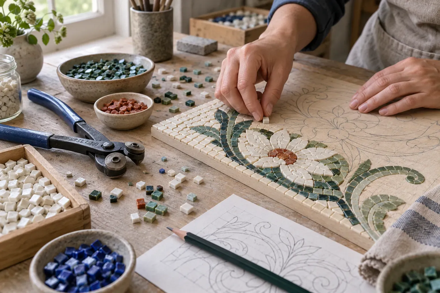 Mains posant des tesselles d’émaux de Briare sur un support en bois, avec pince à molettes et dessin au crayon