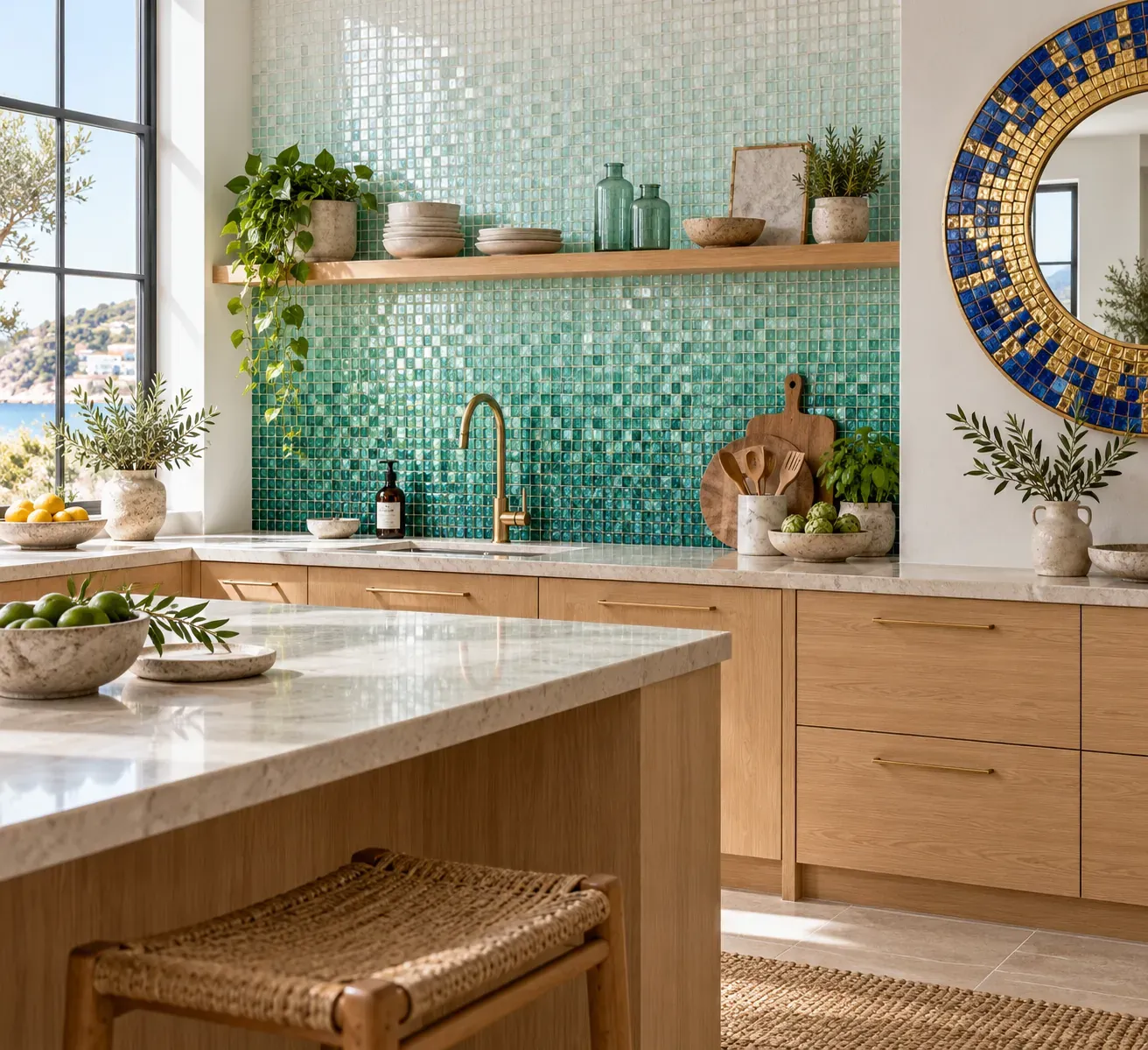 Crédence de cuisine en mosaïque de verre en dégradé vert d’eau et blanc, et miroir rond au cadre de tesselles or et lapis