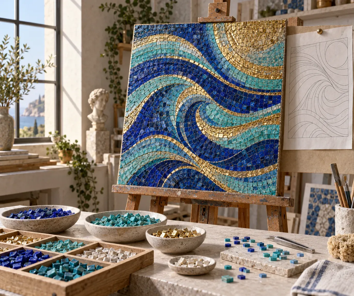 Panneau de mosaïque sur mesure en cours sur un chevalet : vague abstraite de tesselles bleu lapis, turquoise et or, croquis épinglé à côté