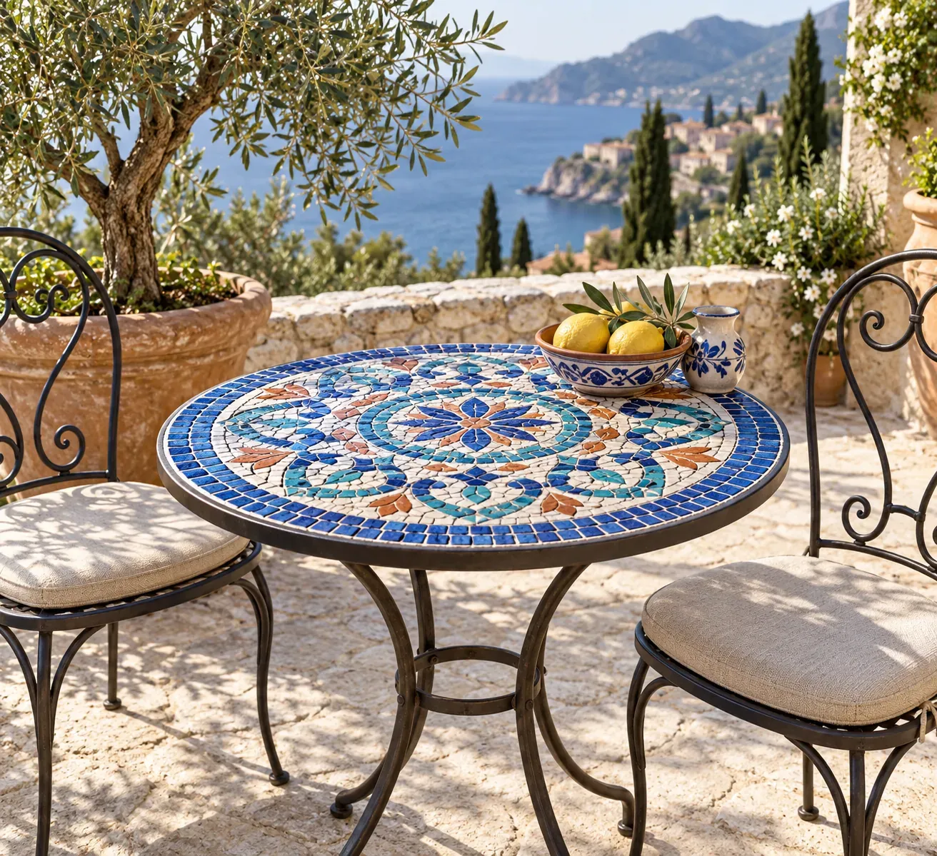 Table ronde de jardin au plateau en mosaïque méditerranéenne bleue, turquoise, blanche et terre cuite, sur une terrasse en pierre