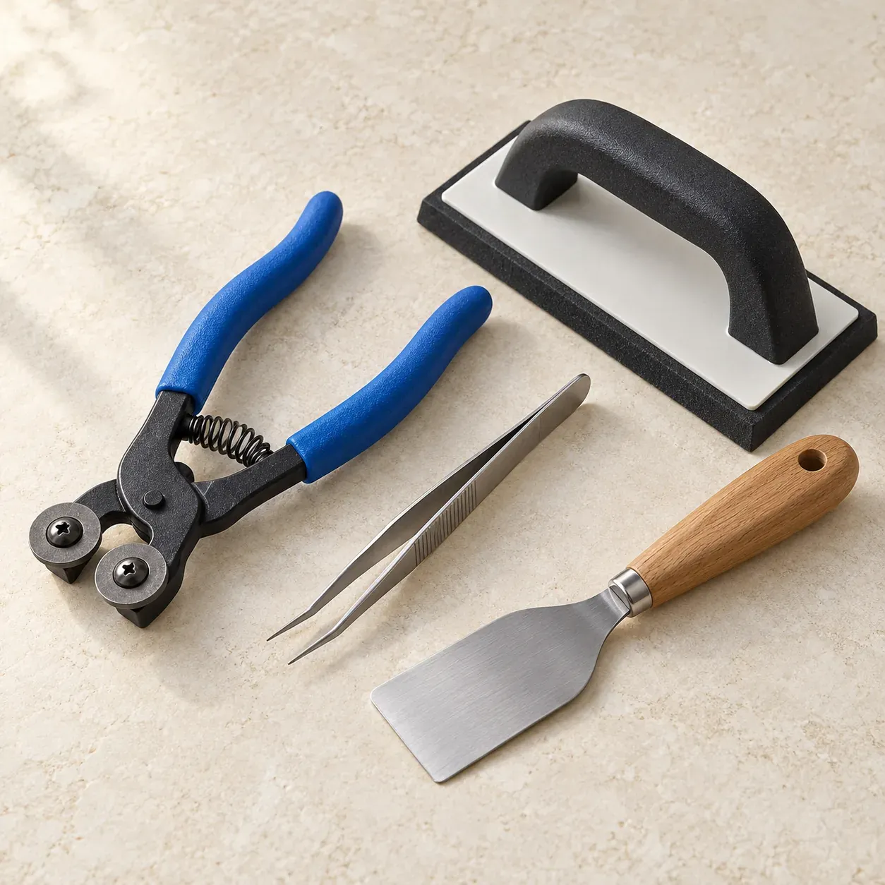 Kit outils mosaïque : pince à molettes, brucelles, spatule et raclette